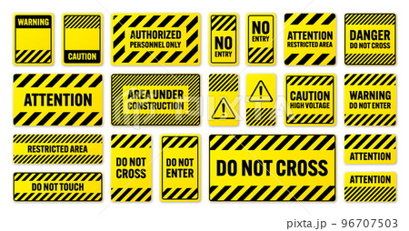 Various black and yellow warning signs with diagonal lines. Attention, danger or caution sign, construction site signage. Realistic notice signboard, warning banner, road shield. Vector illustration Various black and yellow warning signs with diagonal lines. Attention, danger or caution sign, construction site signage. Realistic notice signboard, warning banner, road shield. Vector illustration 96707503