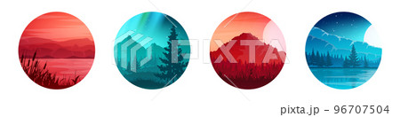 Colorful wild nature landscape, panorama with mountains, hills and forests. Travel and adventure, camping, wildlife. Coniferous trees, bushes and grasses. Vector illustration Colorful wild nature landscape, panorama with mountains, hills and forests. Travel and adventure, camping, wildlife. Coniferous trees, bushes and grasses. Vector illustration 96707504