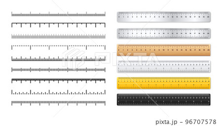Realistic metal and plastic rulers. Measurement scales with divisions. Scale for measuring length or height in centimeters, inches. Ruler, tape measure marks, size indicators. Vector illustration 96707578