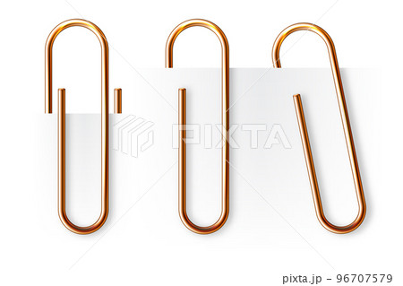 Realistic copper paperclip attached to paper isolated on white background. Shiny metal paper clip, page holder, binder. Workplace office supplies. Vector illustration 96707579
