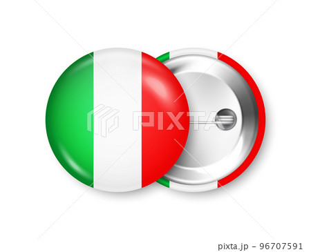Realistic button badge with printed Italian flag. Souvenir from Italy. Glossy pin badge with shiny metal clasp. Product mockup for advertising and promotion. Vector illustration 96707591