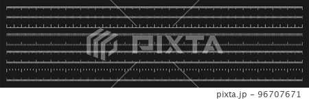 Various measurement scales with divisions. Realistic white scale for measuring length or height in centimeters, millimeters or inches. Ruler, tape measure marks, size indicators. Vector illustration Various measurement scales with divisions. Realistic white scale for measuring length or height in centimeters, millimeters or inches. Ruler, tape measure marks, size indicators. Vector illustration 96707671