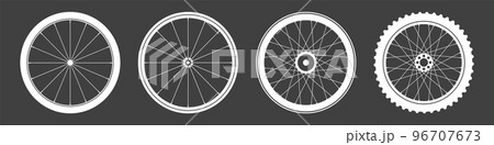 Black bicycle wheel symbols collection. Bike rubber tyre silhouettes. Fitness cycle, road and mountain bike. Vector illustration. Black bicycle wheel symbols collection. Bike rubber tyre silhouettes. Fitness cycle, road and mountain bike. Vector illustration. 96707673