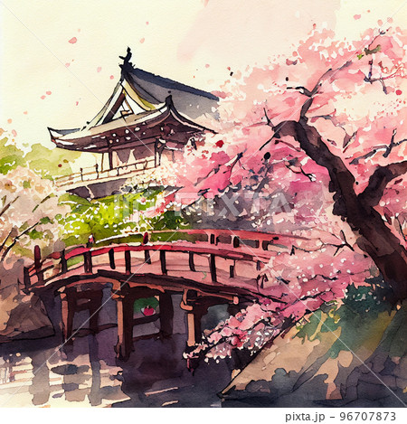 Japan traditional sumi-e painting. Fuji mountain, sakura, sunset. Japan sun. Indian ink illustration. Japanese picture. Japan traditional sumi-e painting. Fuji mountain, sakura, sunset. Japan sun. Indian ink illustration. Japanese picture. 96707873