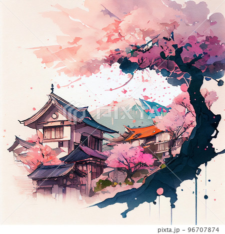 Japan traditional sumi-e painting. Fuji mountain, sakura, sunset. Japan sun. Indian ink illustration. Japanese picture. Japan traditional sumi-e painting. Fuji mountain, sakura, sunset. Japan sun. Indian ink illustration. Japanese picture. 96707874