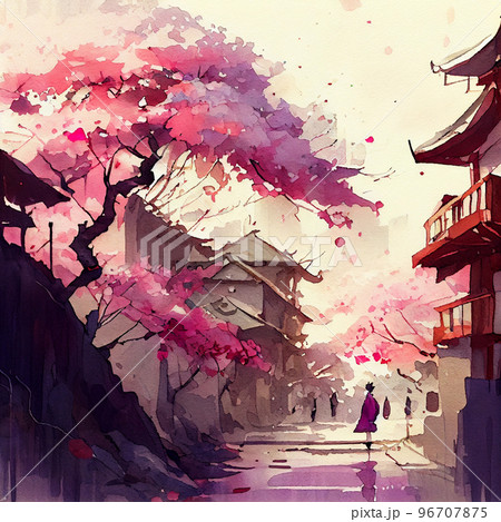 Japan traditional sumi-e painting. Fuji mountain, sakura, sunset. Japan sun. Indian ink illustration. Japanese picture. Japan traditional sumi-e painting. Fuji mountain, sakura, sunset. Japan sun. Indian ink illustration. Japanese picture. 96707875