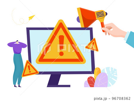Modern digital technology system work error, tiny character hold head, software problem flat vector illustration, isolated on white. Modern digital technology system work error, tiny character hold head, software problem flat vector illustration, isolated on white. 96708362