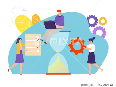 Businessman tiny people colleague together work, leader sitting hourglass, business project management flat vector illustration, isolated on white. 96708438