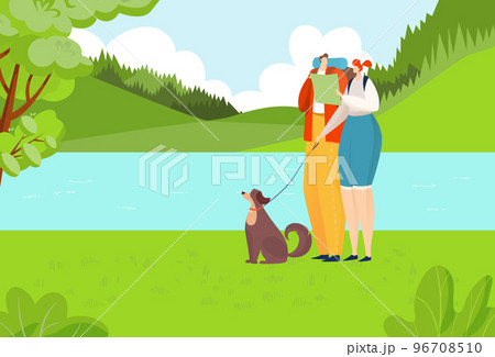 Family couple male and female character with dog walk outdoor together travel hiking, park forest landscape stroll flat vector illustration. 96708510