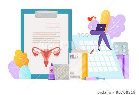 Medical concept female contraceptive medicament, tiny woman character sitting work laptop flat vector illustration, isolated on white. 96708519
