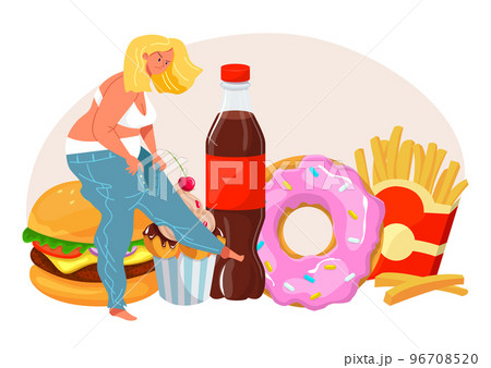Plump woman character angry overweight, concept fast food addiction hamburger, french fries sweets flat vector illustration, isolated on white. 96708520