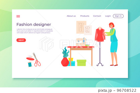Fashion designer woman tailor character online web application website banner, template landing webpage mobile app flat vector illustration. 96708522