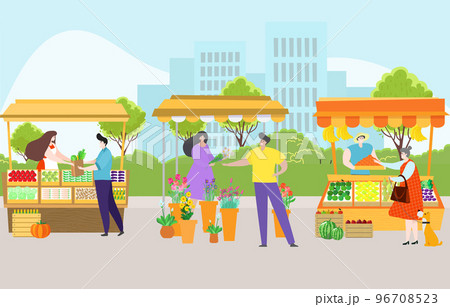 Urban landscape street natural organic farming market, character farmer sell grown vegetable and flower flat vector illustration. 96708523