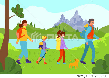 Friendly family outdoor hobby hiking time spend, people character together forest landscape stroll flat vector illustration. 96708524
