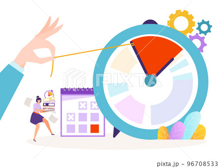 Businessman hand hold thread, tiny character woman deadline time management work processes flat vector illustration, isolated on white. 96708533