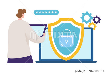Male character work laptop cyber security, professional programmer protect personal data information flat vector illustration, isolated on white. Male character work laptop cyber security, professional programmer protect personal data information flat vector illustration, isolated on white. 96708534