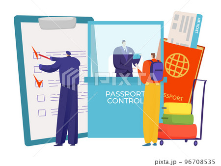Inspector officer checking passport control, tiny character passing customs inspection flat vector illustration, isolated on white. 96708535