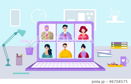 Modern online freelancer work from home, remote internet laptop workplace, web business conversation flat vector illustration. Modern online freelancer work from home, remote internet laptop workplace, web business conversation flat vector illustration. 96708575