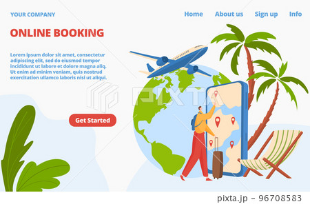 Travel online booking ticket tour world passenger plane landing internet page, website template banner flat vector illustration. 96708583