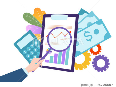 Businessman hand hold magnifying glass, business office accounting audit service flat vector illustration, isolated on white. 96708607