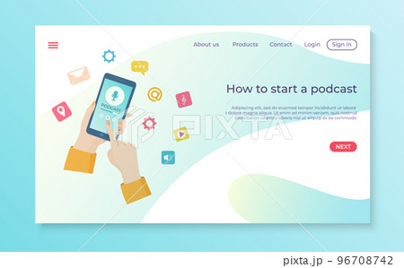Mobile digital audio how to start podcast online website landing template banner, internet radio station flat vector illustration. 96708742