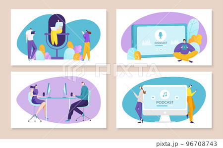 Technology mobile digital audio podcast, smartphone discussion divise radio card set flat vector illustration, isolated on white. 96708743