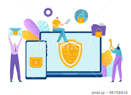 Professional male programmer tiny character cyber security, technology gadget mobile application flat vector illustration, isolated on white. Professional male programmer tiny character cyber security, technology gadget mobile application flat vector illustration, isolated on white. 96708816