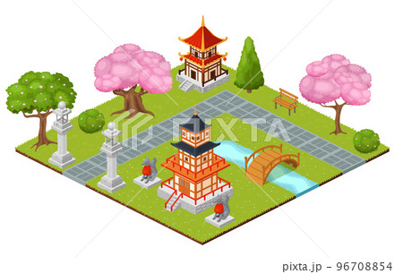 Japanese relaxing national area park, east asian temple walking green garden 3d isometric vector illustration, isolated on white. Japanese relaxing national area park, east asian temple walking green garden 3d isometric vector illustration, isolated on white. 96708854