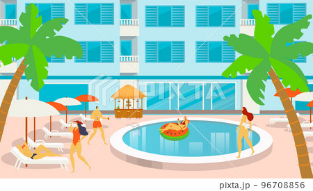 Touristic place hotel, relaxing people together chill out swimming pool, tropical vacation all inclusive inn flat vector illustration. 96708856