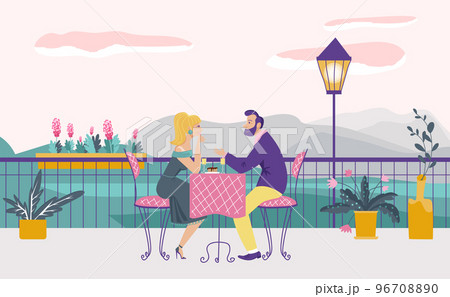 Lovely romantic date in cafe, couple sitting restaurant terrace, cozy place pair meeting flat vector illustration, natural landscape. 96708890