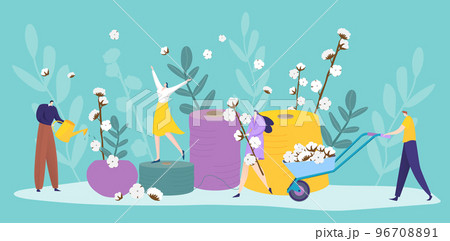 People tailor tiny character together decoration spool thread cotton, seamstress stitching clothes flat vector illustration. 96708891