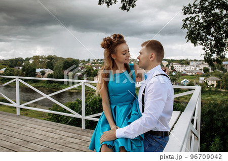 A young couple hugging on the observation deck. A young couple hugging on the observation deck. 96709042