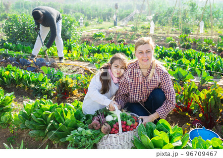 Woman farmer and her teenage daughter holding wicker basket 96709467