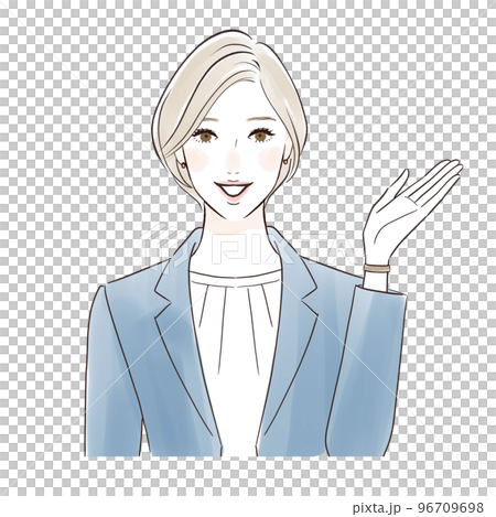 A middle-aged woman in a suit who guides you with a smile 96709698