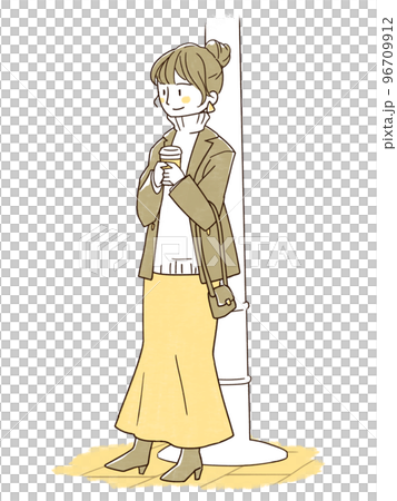 コーヒーを持って街灯の側に立つ女性(シンプルカラー) コーヒーを持って街灯の側に立つ女性(シンプルカラー) 96709912