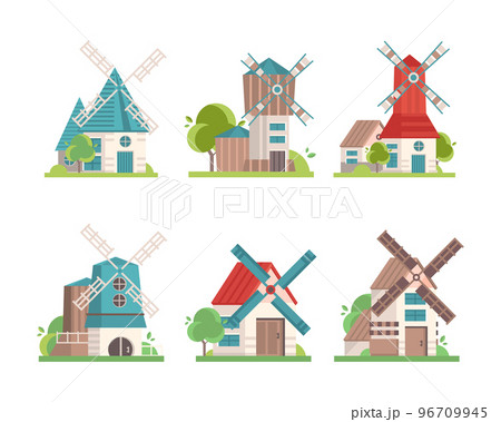 Flour Mill with Rotating Wind-stick or Blades as Rural Area Building Vector Set Flour Mill with Rotating Wind-stick or Blades as Rural Area Building Vector Set 96709945