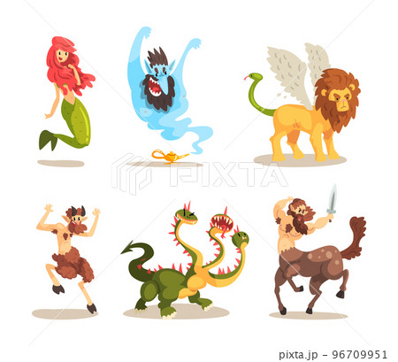 Various Magical Mythical Creatures with Mermaid, Centaur, Faun, Fire Breathing Dragon, Jinn from Lamp and Griffin Vector Set 96709951
