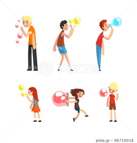 Cheerful Teen Boy and Girl Blowing Colorful Soap Bubbles Having Fun Vector Set Cheerful Teen Boy and Girl Blowing Colorful Soap Bubbles Having Fun Vector Set 96710018
