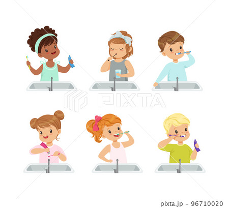 Little Kids Brushing Teeth Standing at Bathroom Wash Stand with Toothbrush and Paste Vector Set Little Kids Brushing Teeth Standing at Bathroom Wash Stand with Toothbrush and Paste Vector Set 96710020