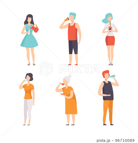 People Characters Standing and Drinking Different Beverage Vector Set People Characters Standing and Drinking Different Beverage Vector Set 96710089
