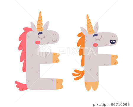 Unicorn Cute Alphabet Letter E and F with Smiling Face and Twisted Horn Vector Set 96710098