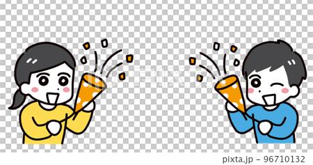 Young men and women in casual clothes celebrating with smiles and popping crackers (upper body) Young men and women in casual clothes celebrating with smiles and popping crackers (upper body) 96710132