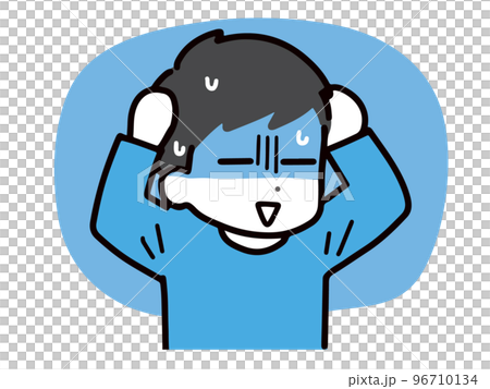 困った顔で頭を抱えている私服の若い男性(上半身) 96710134