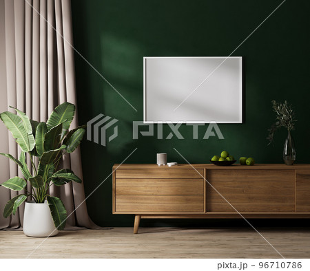 Horizontal white picture frame mock up on dresser in modern room interior with green wall with sunlight, curtain and green plant, 3d rendering Horizontal white picture frame mock up on dresser in modern room interior with green wall with sunlight, curtain and green plant, 3d rendering 96710786