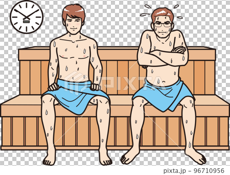 サウナの若者と張り合う中年男性 96710956
