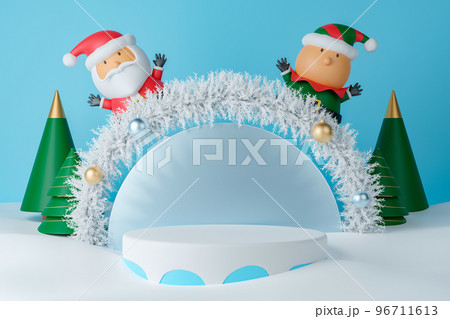 3d rendering Christmas day empty cylinder podium with Santa Claus, elf and decorations. 96711613