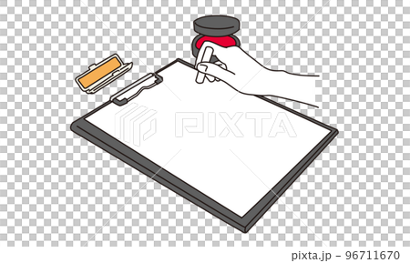 書類に印鑑を押す女性の手元 96711670