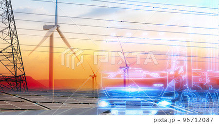 Blue electric vehicle trailer truck green hydrogen concept. Sustainable renewable energy. Solar panels and wind turbines with sky. Clean energy. Commercial logistic truck transport with green power. 96712087