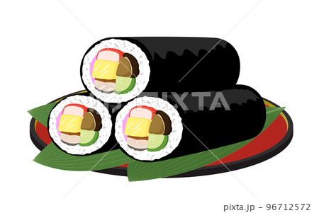 節分の日に食べる恵方巻き三本がお皿に乗っているイラスト 96712572