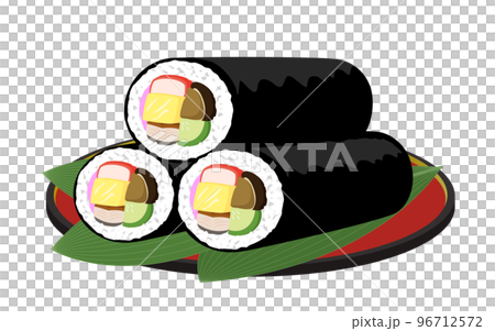 節分の日に食べる恵方巻き三本がお皿に乗っているイラスト 96712572